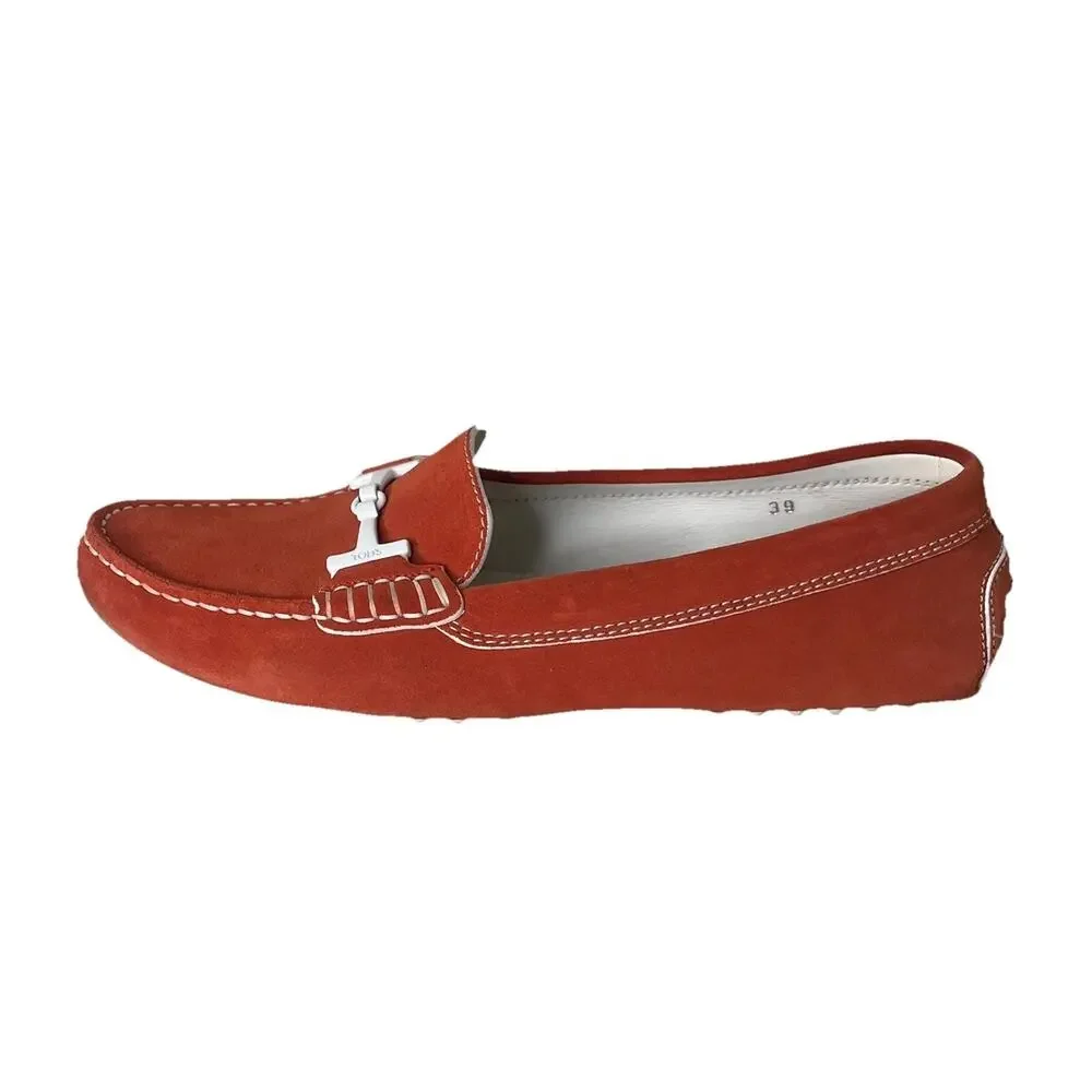 Tod’s Gommino Rust Suede Leather Driving Loafers White Horsebit Buckle 39 / 8.5